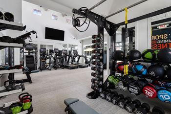 a gym with weights and other exercise equipment on the wall